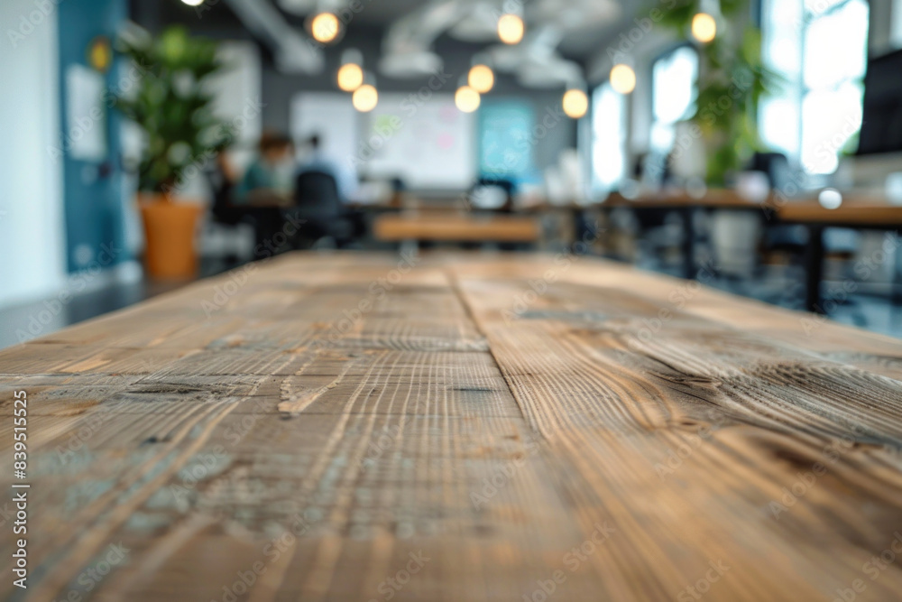 A wooden desk in the foreground with a blurred background of a tech startup office. The background includes modern workstations. A wooden desk in the foreground with a blurred background of a tech startup office. The background includes modern workstations.