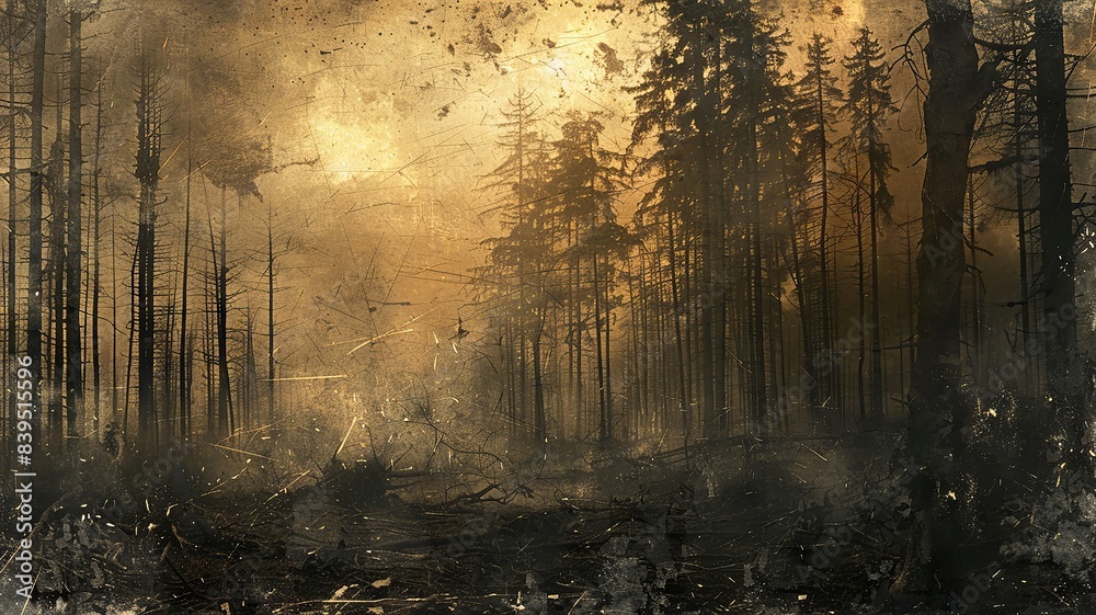 Obraz premium Eerie forest landscape covered in dense fog with trees creating a mysterious atmosphere