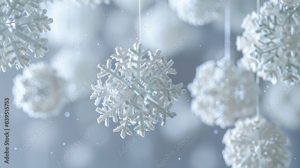 Elegant white snowflakes hanging on strings