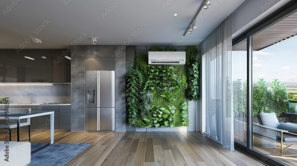 Obraz premium A contemporary apartment with a minimalist design, wall-mounted AC, a kitchen with top-of-the-line stainless steel appliances.