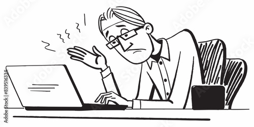 A confused man hunched over his laptop, wavy lines above his head suggest confusion or anxiety. He wears glasses and appears to be in the middle of a problem-solving situation.AI generated.