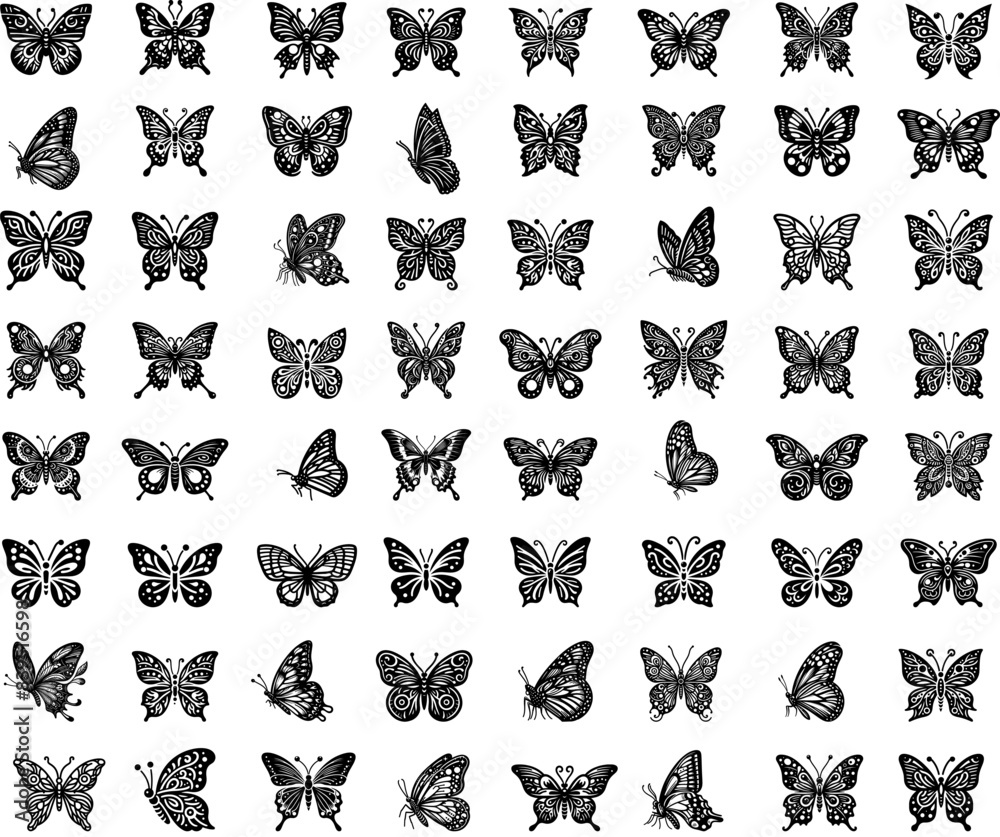 Set of vector butterfly icons . Butterfly silhouettes collection . Exotic flying butterflies logo .