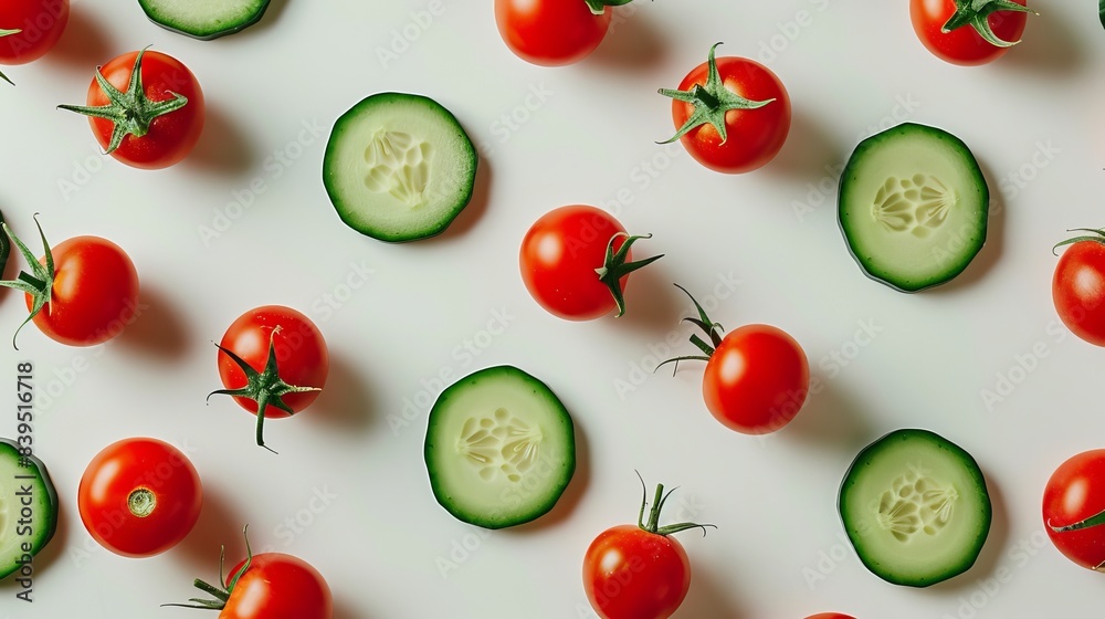 Ripe tomatoes and fresh cucumbers beautifully presented on a clean white background