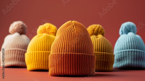 Colorful knitted hats on a red background  close-up