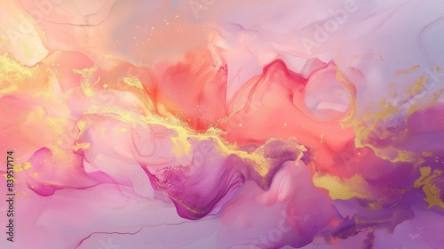 A flowing abstract artwork featuring shades of pink and purple with golden accents, evoking a sense of fluidity and elegance.