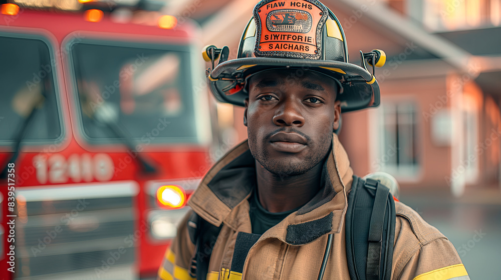 Brave African American Firefighter Portrait in Front of Fire Truck Brave African American Firefighter Portrait in Front of Fire Truck