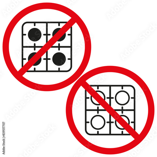 No gas stove. Red prohibition signs. Kitchen appliance. Vector icons.