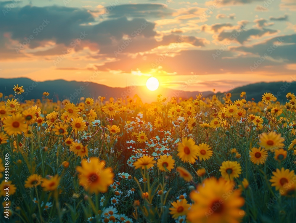 Obraz premium Tranquil Daisy Field at Sunset with Double Exposure Silhouette, Copy Space for Text - Lush Blooming Flowers Nature Background