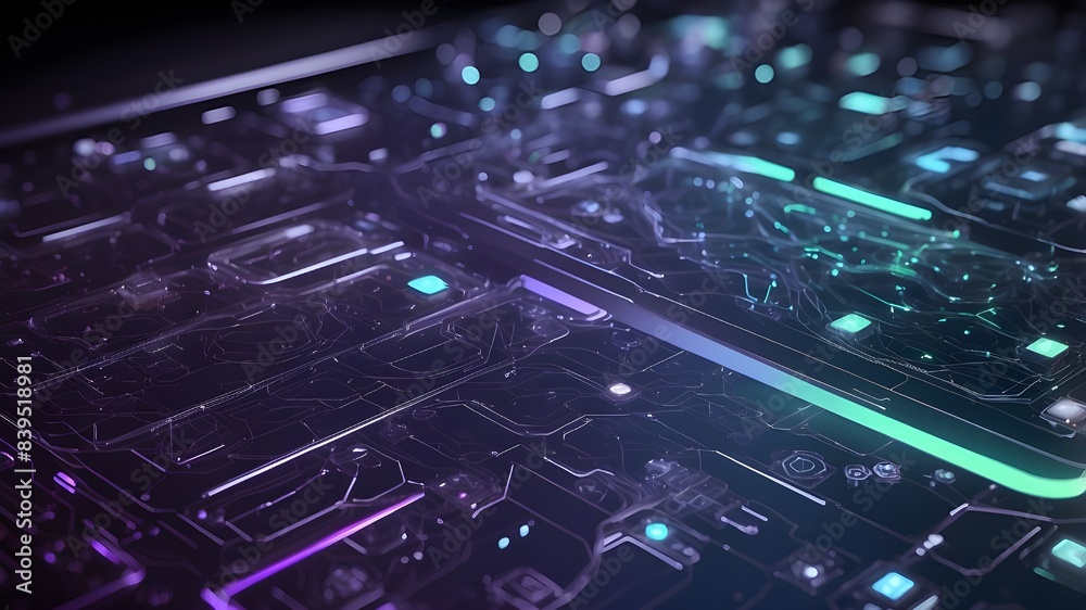 Technical background include digital data interface components, such as numbers, chains, and diagrams. The color scheme, which has a modern, technological appearance and cool tones of blue, purple, gr