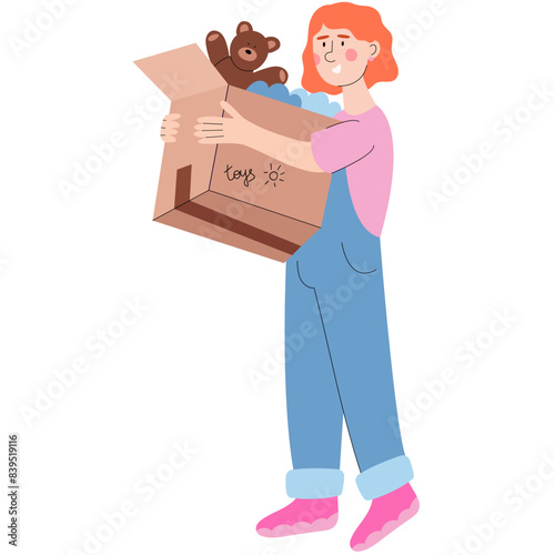 Child or woman  pack stuff, toys into cardboards, relocate, move to new ones. Moving and relocation concept.