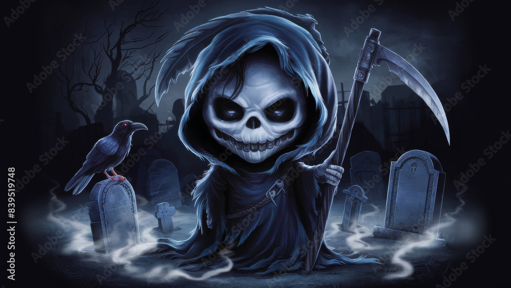 A grim reaper with an attractive appearance. A hooded reaper with bulging eyes and a sinister grin has a scythe in his hands. In the background is the dark, eerie silhouette of a creepy cemetery. A grim reaper with an attractive appearance. A hooded reaper with bulging eyes and a sinister grin has a scythe in his hands. In the background is the dark, eerie silhouette of a creepy cemetery.