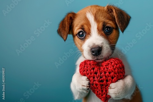 A cute puppy with a paper heart in its paws on a blue background with a copy of the space