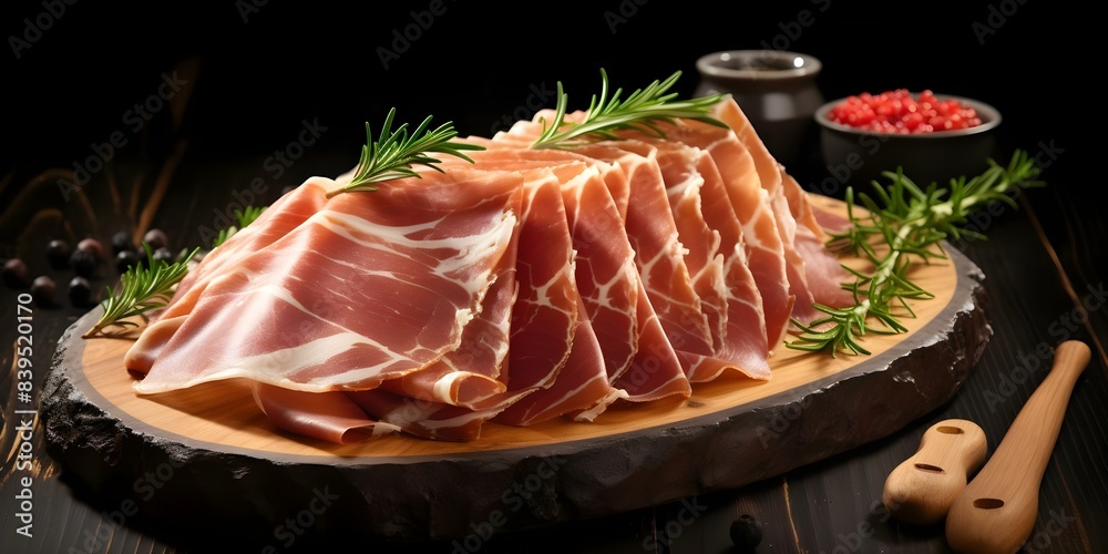 Prosciutto slices on wooden board with black background appetizing food photography. Concept Food Photography, Deli Meats, Appetizing Presentation, Dark Background, Wooden Platter Prosciutto slices on wooden board with black background appetizing food photography. Concept Food Photography, Deli Meats, Appetizing Presentation, Dark Background, Wooden Platter