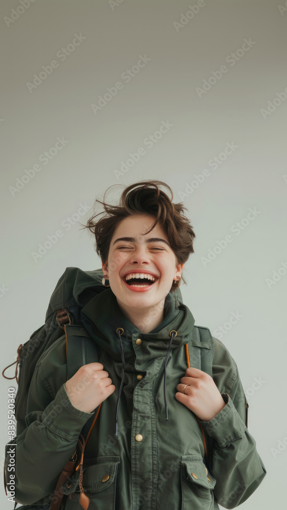 Young woman in green coat and a backpack smiling at camera, isolated on gray background. Copy space Young woman in green coat and a backpack smiling at camera, isolated on gray background. Copy space
