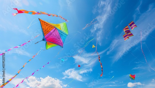 Vibrant Rainbow of Kites Soaring in the Blue Sky photo