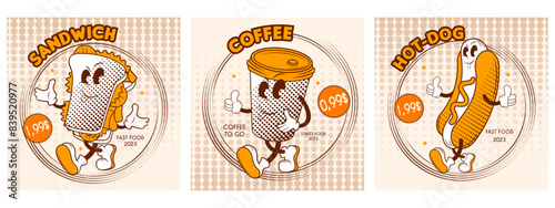 street food posters with funny characters in retro style rubber hose