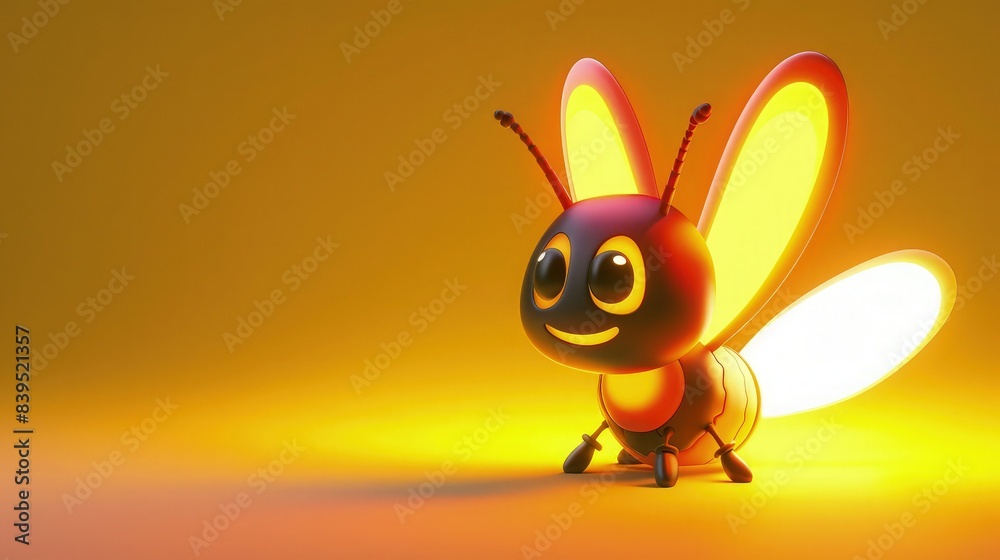 A cute 3D cartoon firefly character with a glowing tail, serving as a mascot for an energy company, set against a vibrant yellow backdrop. A cute 3D cartoon firefly character with a glowing tail, serving as a mascot for an energy company, set against a vibrant yellow backdrop.
