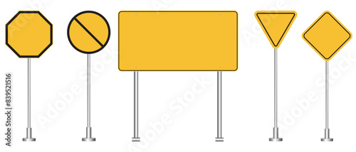 Set of blank yellow road sign. Empty traffic signs isolated on white background. Highway attention roadsign collection.vector illustration.