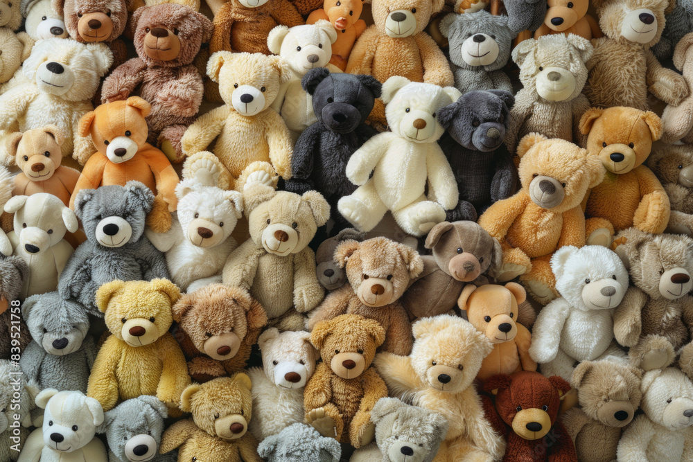 A tightly packed collection of small teddy bears in various colors and poses, filling the entire frame. The bears come in shades of brown, white, and pastel colors.