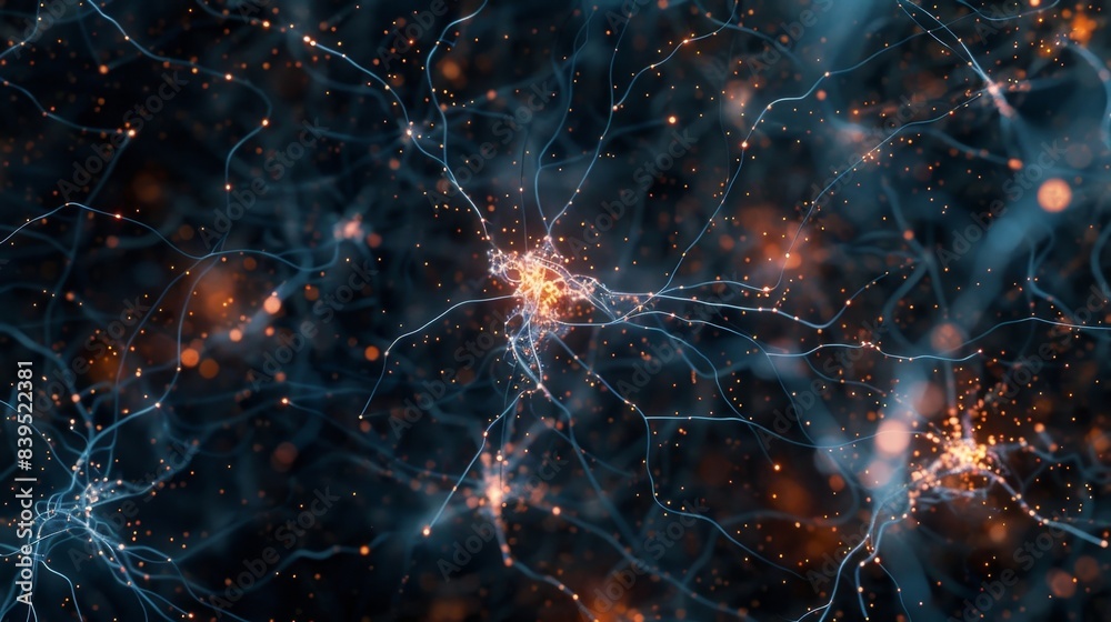 A zoomedin view of the connections between neurons like a network of highways in the brain A zoomedin view of the connections between neurons like a network of highways in the brain