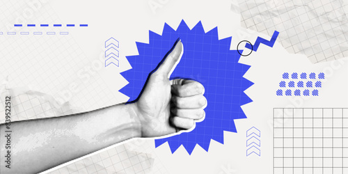 Trendy Halftone Collage Hand showing Thumbs up gesture on geometric background. Like sign. Finger up. Customer positive feedback. Business success. Contemporary abstract vector art illustration
