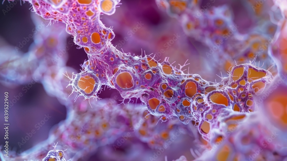 Magnified image of alveoli covered in cilia aiding in the removal of foreign particles and from the lungs Magnified image of alveoli covered in cilia aiding in the removal of foreign particles and from the lungs