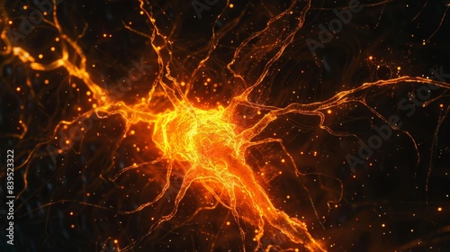 A microscopic view of a myelinated axon firing an electrical signal with bright bursts of light