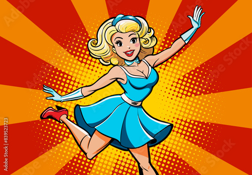 Dancing woman in retro pop art or comics style. Vintage comic girl in 50s style, dancing