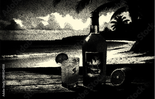 Bottle with fruit water or alcohol in the sand of the beach. Vacation scene with lemonade bottle on the shore line, in retro dotwork style