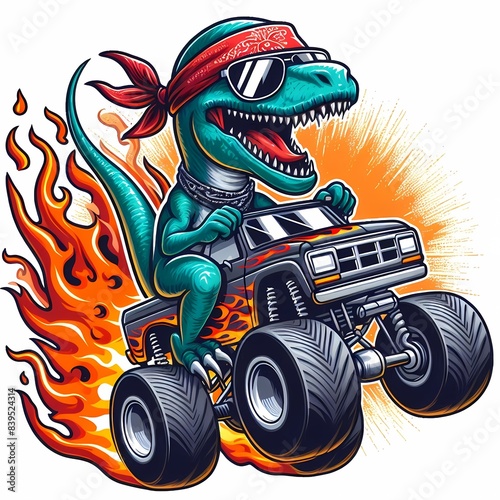 Dinosaur Driving a Monster Truck with Flames