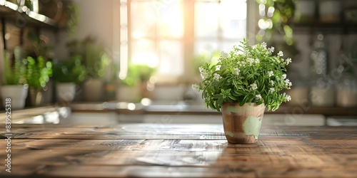 Blurred kitchen counter with green plants on wooden table top. Concept Indoor Photography, Kitchen Decor, Green Plants, Blurred Background, Wooden Table Top