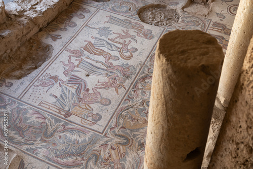 Mosaico bizantino en la iglesia de los martires del parque arqueologico de Madaba, Jordania. photo