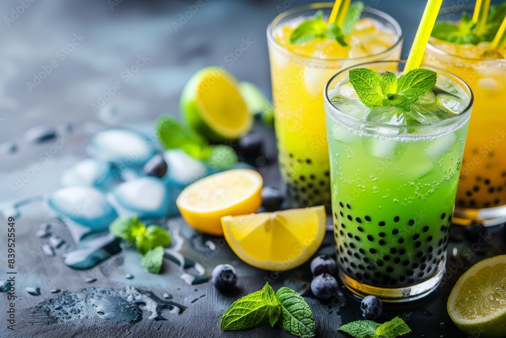 Fototapeta premium Mint lemon bubble tea in glass