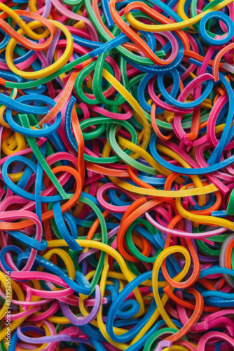 A tangled mass of colorful rubber bands  tightly packed to fill the entire frame. The rubber bands come in various bright shades like red  blue  green  yellow  and purple.