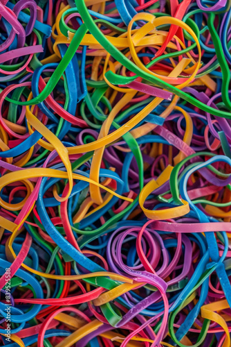 A tangled mass of colorful rubber bands  tightly packed to fill the entire frame. The rubber bands come in various bright shades like red  blue  green  yellow  and purple.