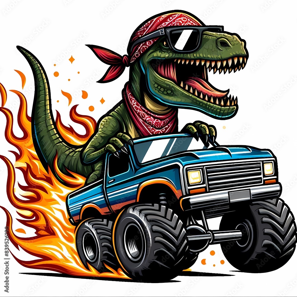 Dinosaur Driving a Monster Truck with Flames