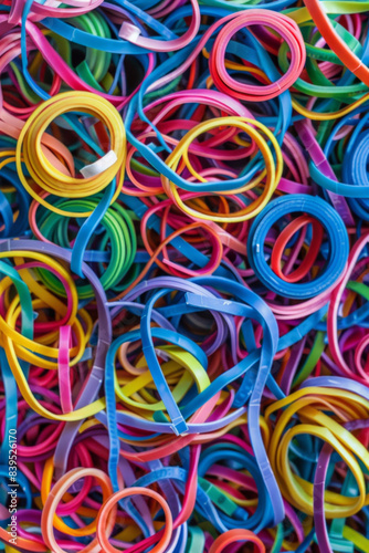 A tangled mass of colorful rubber bands  tightly packed to fill the entire frame. The rubber bands come in various bright shades like red  blue  green  yellow  and purple.