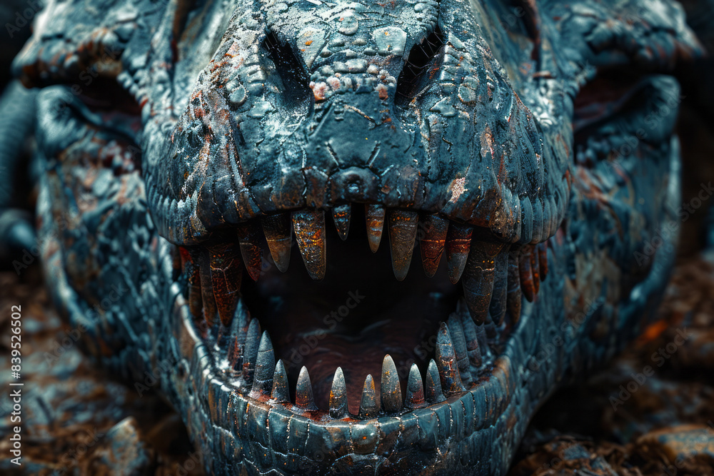 Obraz premium A close-up of a T-Rex skull, showing the sharp teeth and powerful jaw structure,