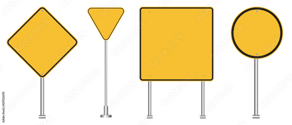 Set of blank yellow road sign. Empty traffic signs isolated on white background. Highway attention roadsign collection.vector illustration. Set of blank yellow road sign. Empty traffic signs isolated on white background. Highway attention roadsign collection.vector illustration.