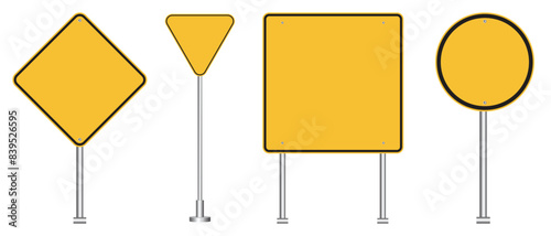 Set of blank yellow road sign. Empty traffic signs isolated on white background. Highway attention roadsign collection.vector illustration.