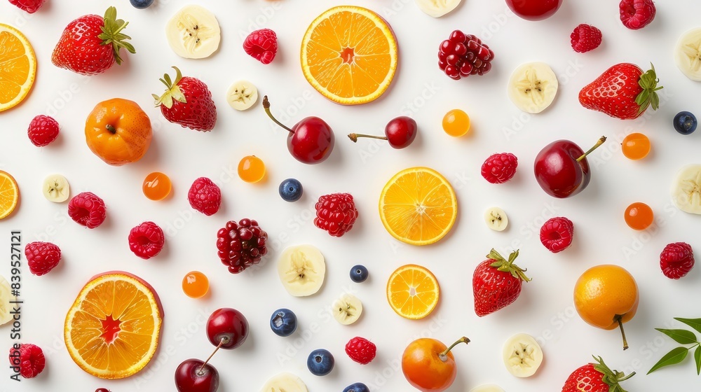 Fruits and berries arrangement, top view, flat lay, white background, photorealistic, surreal, fusion, colorful pattern Fruits and berries arrangement, top view, flat lay, white background, photorealistic, surreal, fusion, colorful pattern
