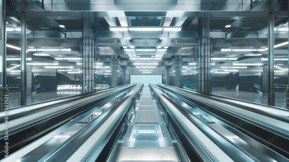 Interior of modern smart factory, empty conveyor belt system, industrial automation, minimalistic design, photorealistic, whimsical, composite, futuristic workspace Interior of modern smart factory, empty conveyor belt system, industrial automation, minimalistic design, photorealistic, whimsical, composite, futuristic workspace