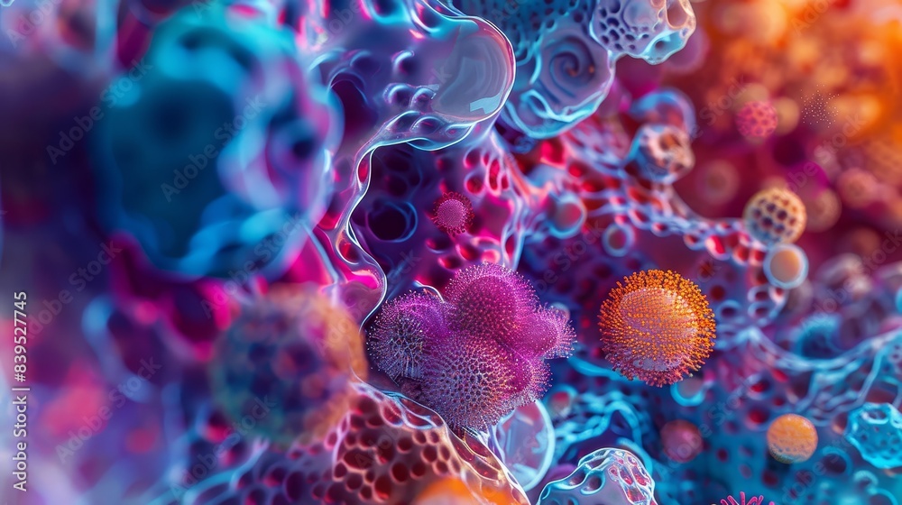Microscopic cellular structures in vibrant colors, medical illustration. Ideal for themes of healthcare, science, and biology Microscopic cellular structures in vibrant colors, medical illustration. Ideal for themes of healthcare, science, and biology