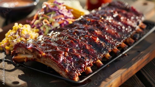 Mouth-watering barbecue platter of ribs, coleslaw, and cornbread ready for a summer feast, capturing the essence of outdoor grilling (copy space) (grill master) (surreal) (silhouette) (deck setting)