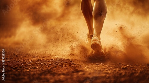 Focused trail runner in sport shoes speeds along dusty path with determination and agility