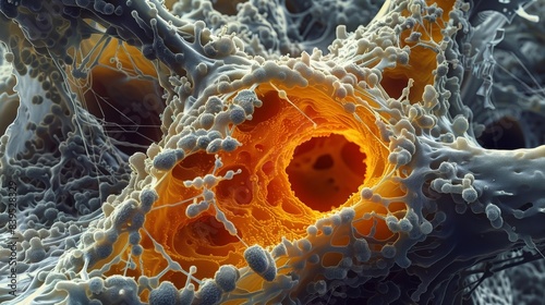 A transmission electron microscope image of a cell revealing the complex internal structure of its endocytic vesicles photo