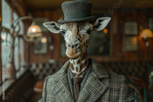 A giraffe in a detectiveâ€™s outfit, solving a mystery in a dimly lit room,