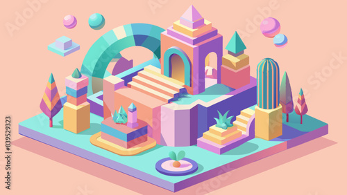 Vibrant Isometric Fantasy World Illustration with Pastel Colors
