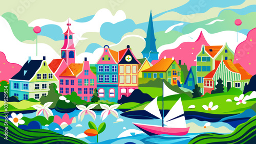 Vibrant Watercolor Illustration of a Quaint European Town by the Lake with Sailing Boat