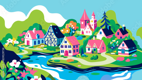 Vibrant Storybook Village Landscape with Flowing River and Lush Greenery